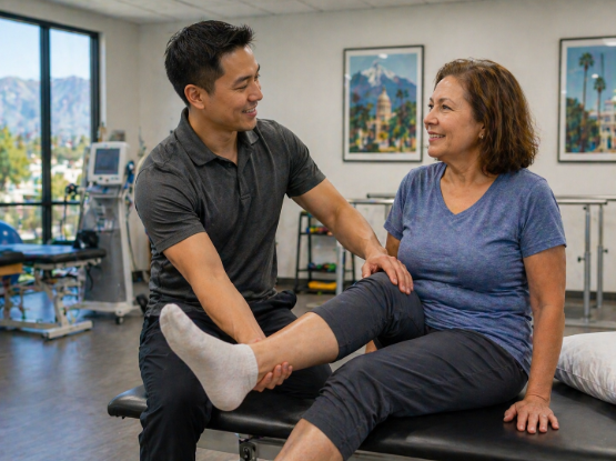physical therapist assisting patient short-term rehab after surgery Pasadena