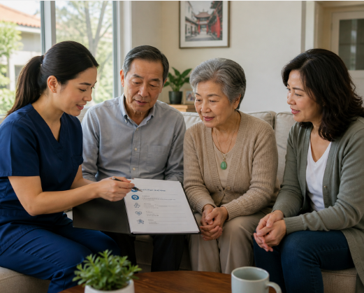 nursing staff reviewing care plan with family near Alhambra CA